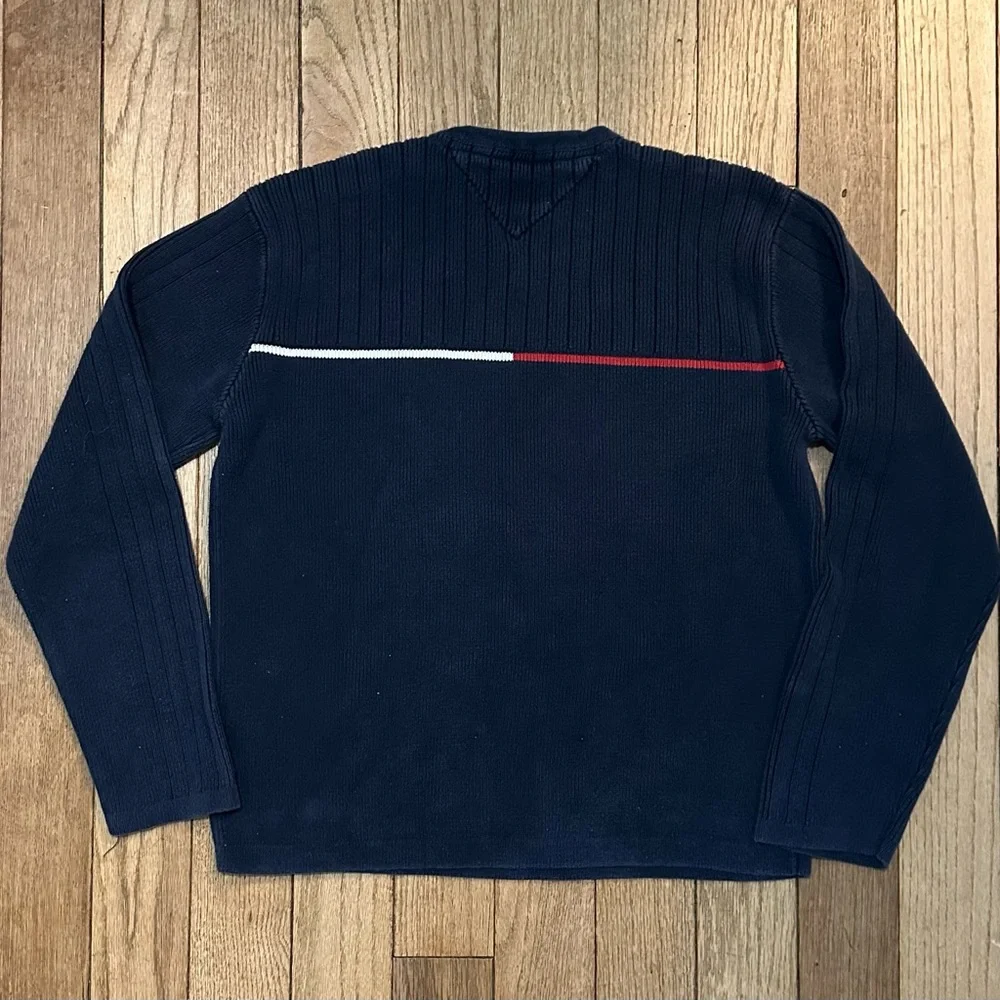 Tommy Hilfiger Navy V-Neck Knit Sweater with Red & White Chest Logo Stripe 90s